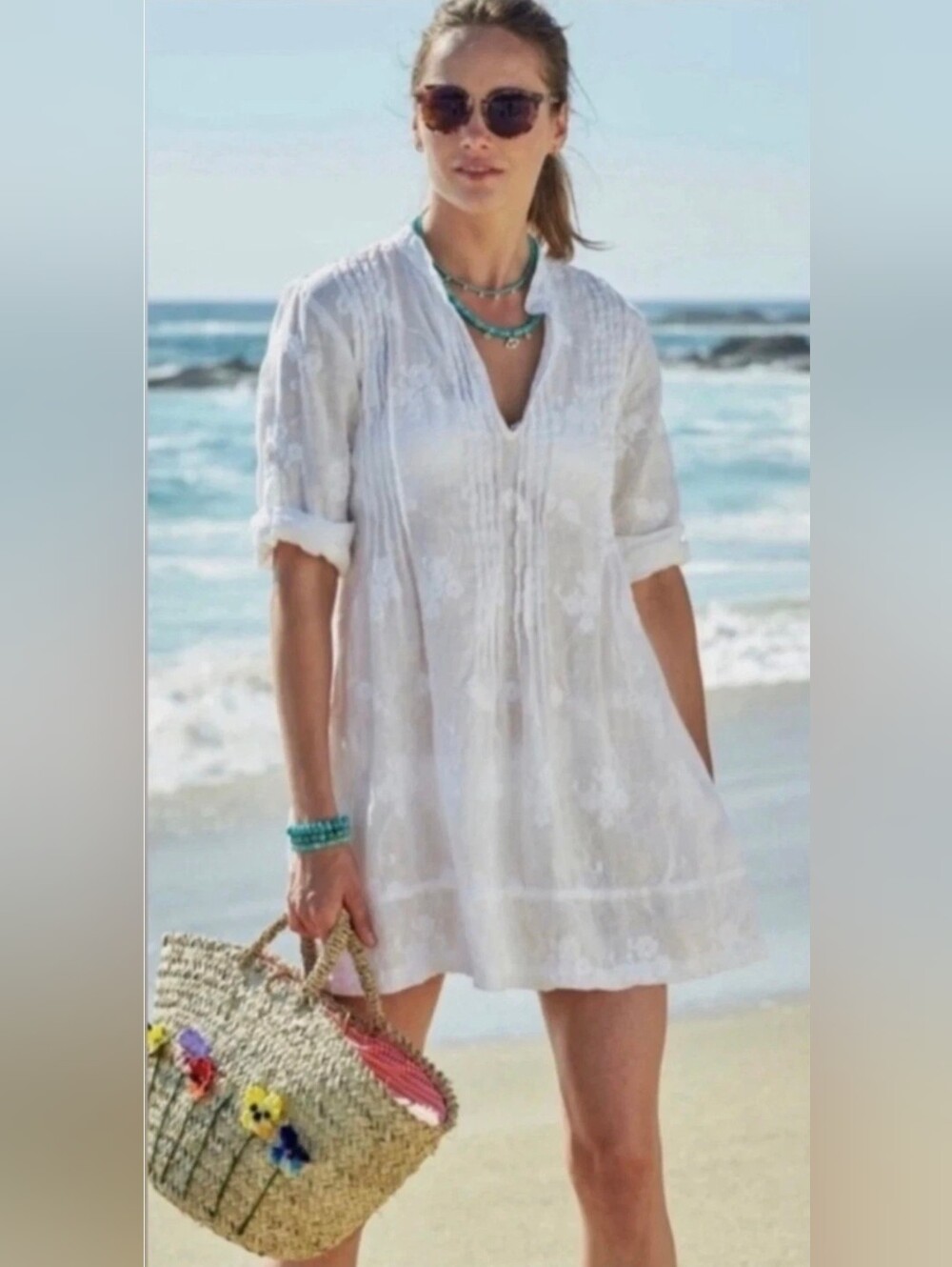 CP Shades Tunic Tonal Embroidered Pintuck Linen Regina Cover Up Dress White Sz S